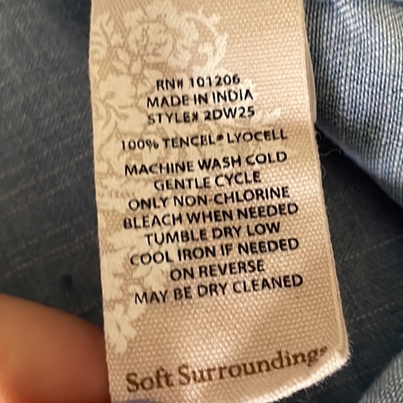 Soft Surroundings chambray Tencel Ruffle Collar Sleeve Button Down - Picture 9 of 10